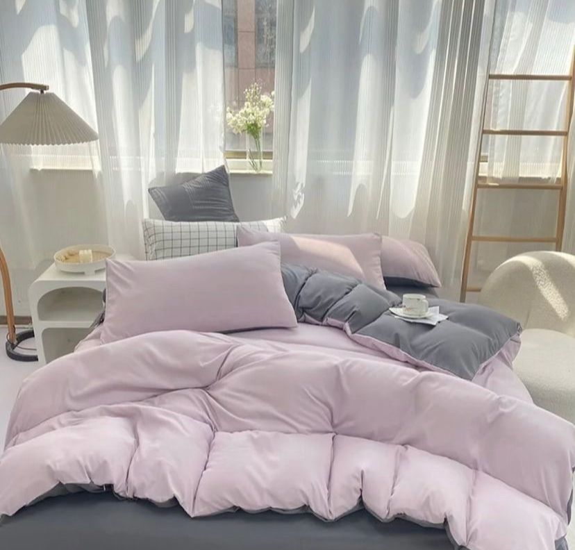 Grey Reversible Duvet + 2/4 Matching Pillowcases 1 Bedsheet Set, Soft and Body-friendly High Quality Fabric Reversible Bedding Set (Sizes: 4 by 6, 6 by 6, 6 by 7, 7 by 7)