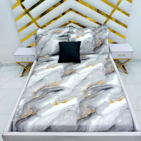 Grey White Gold Marble Cotton 4 by 6 7 by 7 Full King Bedsheet Set, 3/5 Piece Grey Marble Bedsheet, Soft and Durable Marbling Bedsheet with 2/4 Pillowcases Set