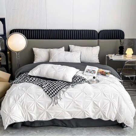 White Pintuck Duvet Set 4by6/ 6by6/ 6by7/ 7by7 Size, Super Soft and Durable Pinch Pleated Cotton Duvet with Bedsheet and 2/4 Pillowcases Set