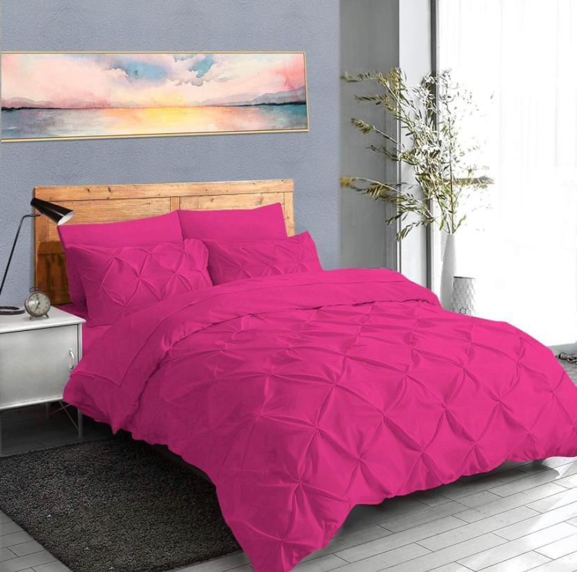 Soft Pinch Pleated Pintuck Duvet Set, 4 by 6, 6 by 6, 6 by 7, 7 by 7 All Season, High Quality Fabric and Washable Pintuck Duvet with Matching Bed sheet and Pillowcases Set (Hot Pink)