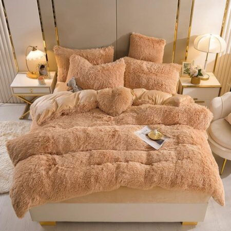 Khaki Fluffy Faux Fur Duvet Complete Set- Super Soft and Lush Khaki Fluffy Fur Duvet with Bedspread and Matching Pillowcases Set (Sizes 4 by 6, 6 by 6, 6 by 7, 7 by 7)