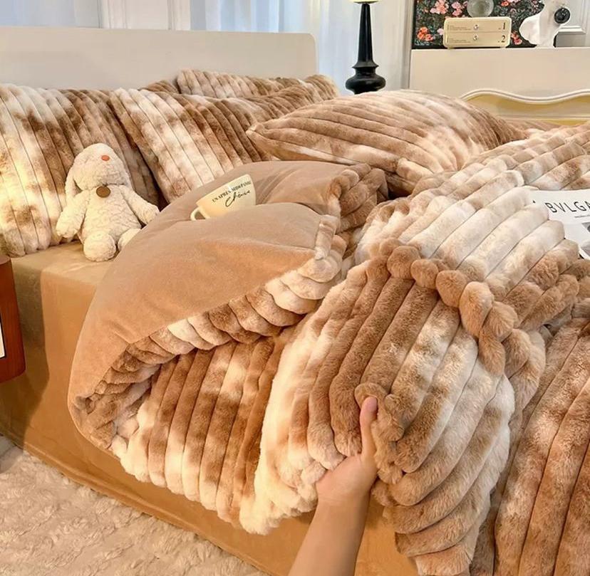 Warm Fluffy Faux Fur Khaki Stripe Pattern Duvet Cover Set 4.5 by 6, 6 by 6, 6 by 7 Sizes, Ultra Soft Luxurious Fur Bedding Set, with Duvet Insert, Blanket, Flat Sheet and Matching Pillowcases Set - Image 3