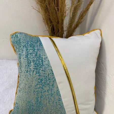 18 by 18 Inch Off White Lake Blue Gold Leather Patchwork Throw Pillow, Modern Throw Pillow Cover and Insert for Couch Bedroom Living Room