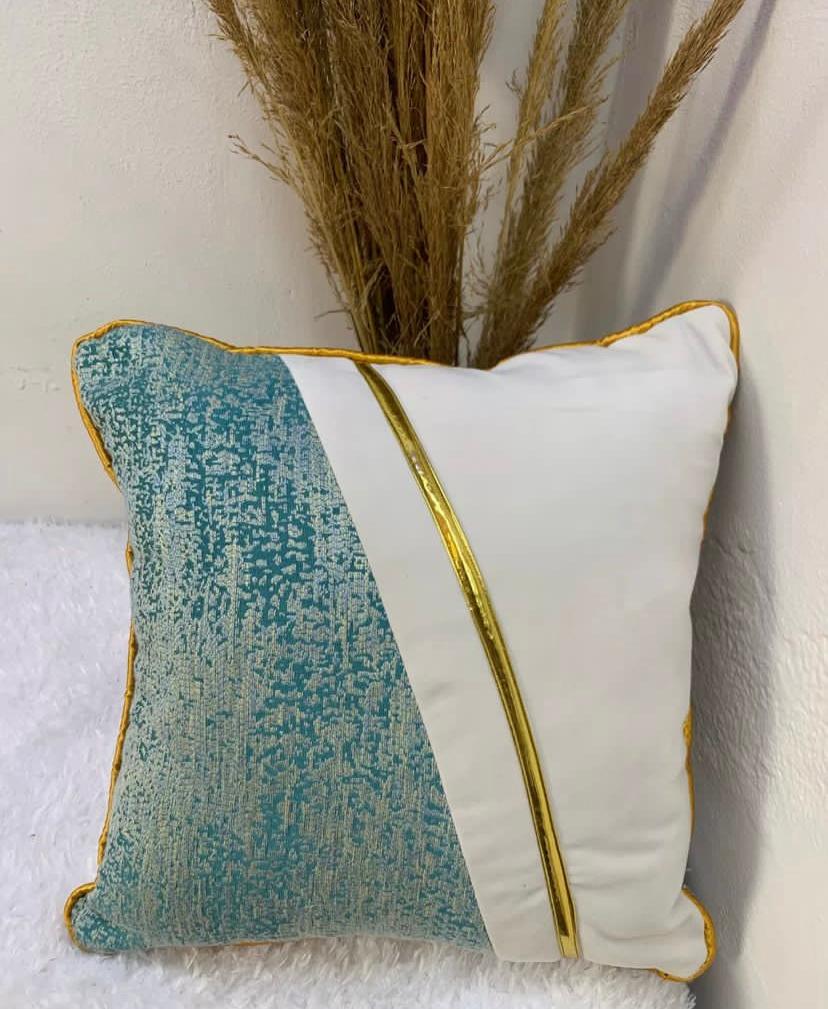 18 by 18 Inch Off White Lake Blue Gold Leather Patchwork Throw Pillow, Modern Throw Pillow Cover and Insert for Couch Bedroom Living Room