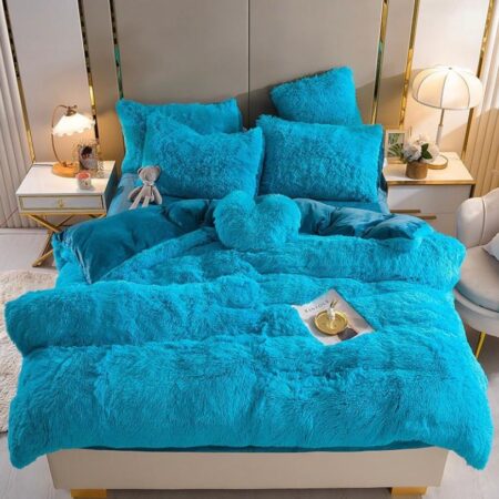 Lake Blue Fluffy Faux Fur Duvet Complete Set 4 by 6, 6 by 6, 6 by 7, 7 by 7 Sizes - Super Soft and Lush Fluffy Luxurious Blue Duvet +Bedspread and Matching Pillowcases Set