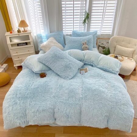 Light Blue Fur Duvet Set 4 by 6, 6 by 6, 6 by 7, 7 by 7 Sizes, Super Soft Fluffy and Warm Blue Duvet +Bedspread and Pillowcases Set