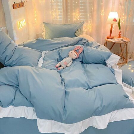 Blue Executive Ruffles Duvet Set High Quality Fabric Polish Cotton Ruffles Bedding Set,  Including 1 Duvet Cover, 1 Double Padded Thick Duvet, 1 Bedspread +2/4 Matching Pillowcases 5/7 Piece Set (Sizes: 4 by 6, 6 by 6, 6 by 7, 7 by 7)