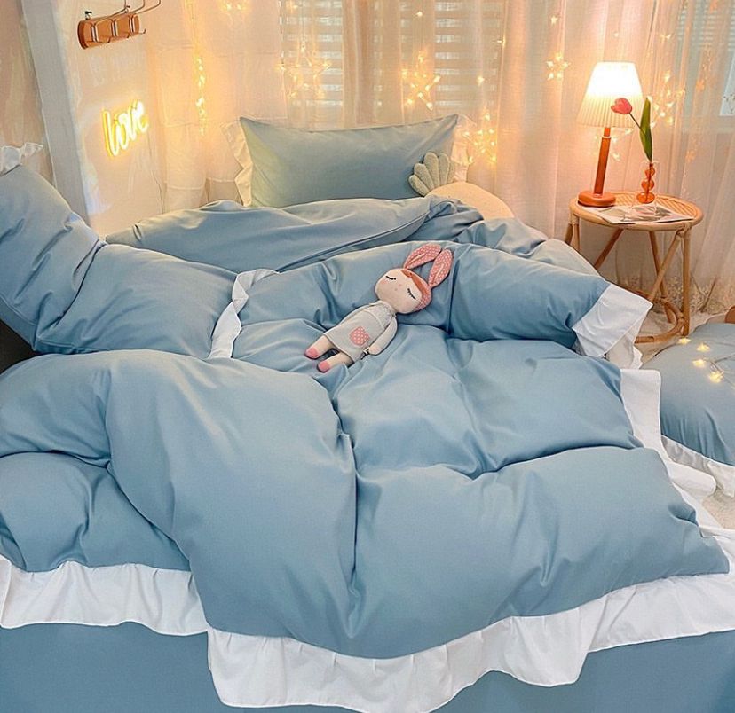 Blue Executive Ruffles Duvet Set High Quality Fabric Polish Cotton Ruffles Bedding Set, Including 1 Duvet Cover, 1 Double Padded Thick Duvet, 1 Bedspread +2/4 Matching Pillowcases 5/7 Piece Set (Sizes: 4 by 6, 6 by 6, 6 by 7, 7 by 7)