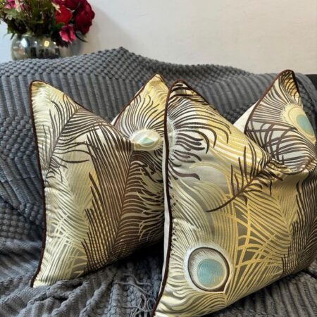 Embroidered Peacock Feather Decorative Fiber Filled Throw Pillow and Cover, 18x 18Inch (45cmx45cm) Feather Light Brown Throw Pillow for Couch, Sofa, Chair, Livingroom, Bedroom, Office, Car, Perfect Gift