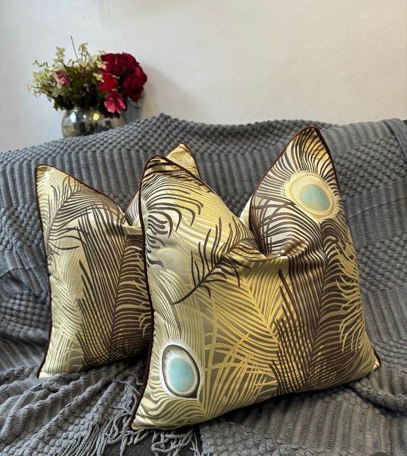 Embroidered Peacock Feather Decorative Fiber Filled Throw Pillow and Cover, 18x 18Inch (45cmx45cm) Feather Light Brown Throw Pillow for Couch, Sofa, Chair, Livingroom, Bedroom, Office, Car, Perfect Gift - Image 3