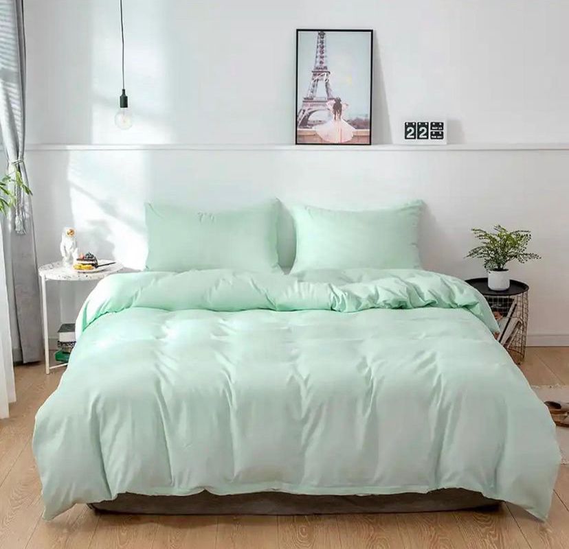 Light Blue Duvet with Pillowcases and Bedsheet Set, High Quality Soft and Breathable Fabric Green Bedding Set, 4 by 6, 6 by 6, 6 by 7, 7 by 7 Sizes