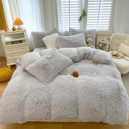 Light Grey Fur Duvet set 4 by 6, 6 by 6, 6 by 7, 7 by 7 Sizes, Super Fluffy Warm and Ultra Soft Fur Duvet + Bedspread and Pillowcases Set
