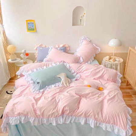 Light Pink Ruffle Duvet and Duvet Cover, Double Padded Thick Duvet +Bedspread and Pillowcases Set, Luxurious Polish Cotton Ruffles Complete Bedding Set (4/6,6/6,6/7,7/7)