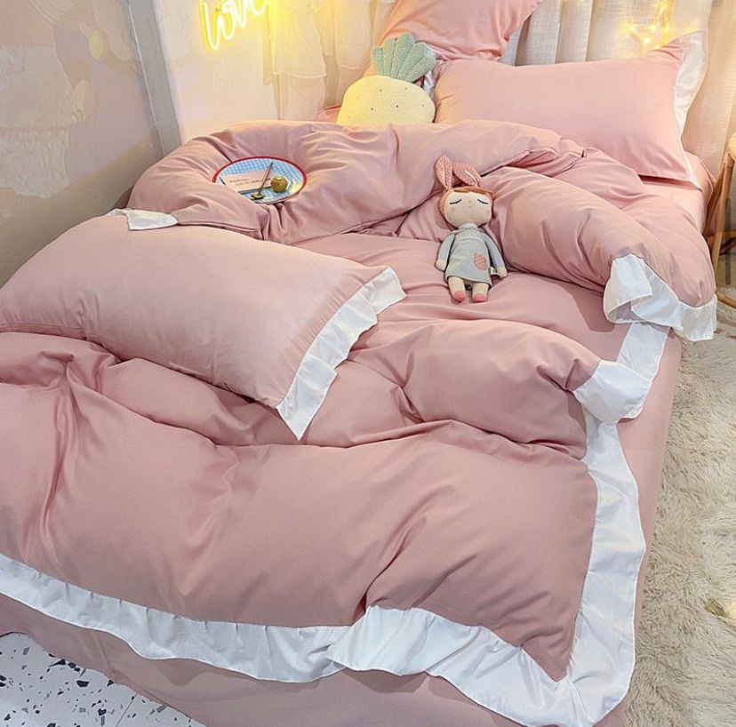 Light Pink Executive Ruffles Duvet High Quality Polish Cotton Ruffles Bedding Set 5/7 Pieces ( 1 Duvet Cover, 1 Double Padded Thick Duvet, 1 Bedspread and 2/4 Pillowcases Set 4 by 6, 6 by 6, 6 by 7, 7 by 7 Size