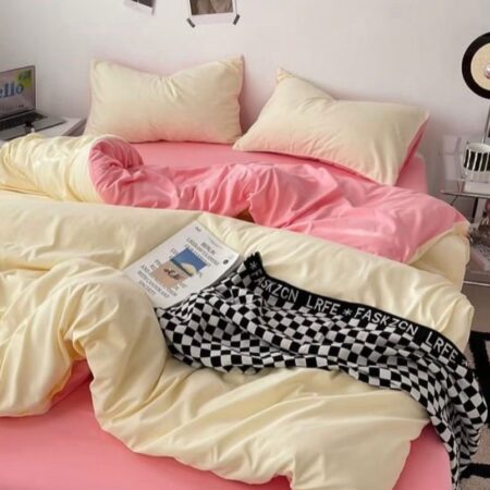 Light Yellow and Pink Duvet with Matching Pillowcases and Bedsheet Set(4 by 6, 6 by 6, 6 by 7, 7 by 7 Sizes)