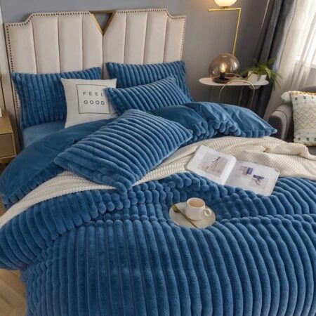 Luxury Fluffy Faux Fur Blue Striped Duvet Cover 6 by 6 King/ 6 by 7 Super King Sizes, Luxurious Ultra Soft Fur Comforter 8 Piece Duvet Cover +Duvet Insert, Blanket, Flat Sheet, Pillowcases, ( 6 by 6, 6 by 7) Blue