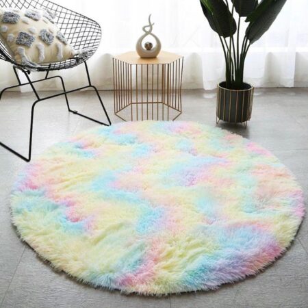 Tie Dye Plush Shaggy Round Area Rug, Super Soft Circular Faux Fur Carpet for Bedroom, Living Room, Home Decor