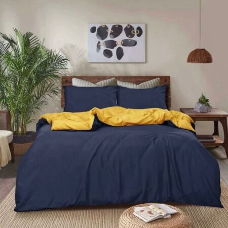 Navy Blue and Yellow Reversible Duvet Comforter with Matching Pillowcases and Bedspread All Season Comforter Set (Sizes: 4 by 6, 6 by 6, 6 by 7, 7 b 7)