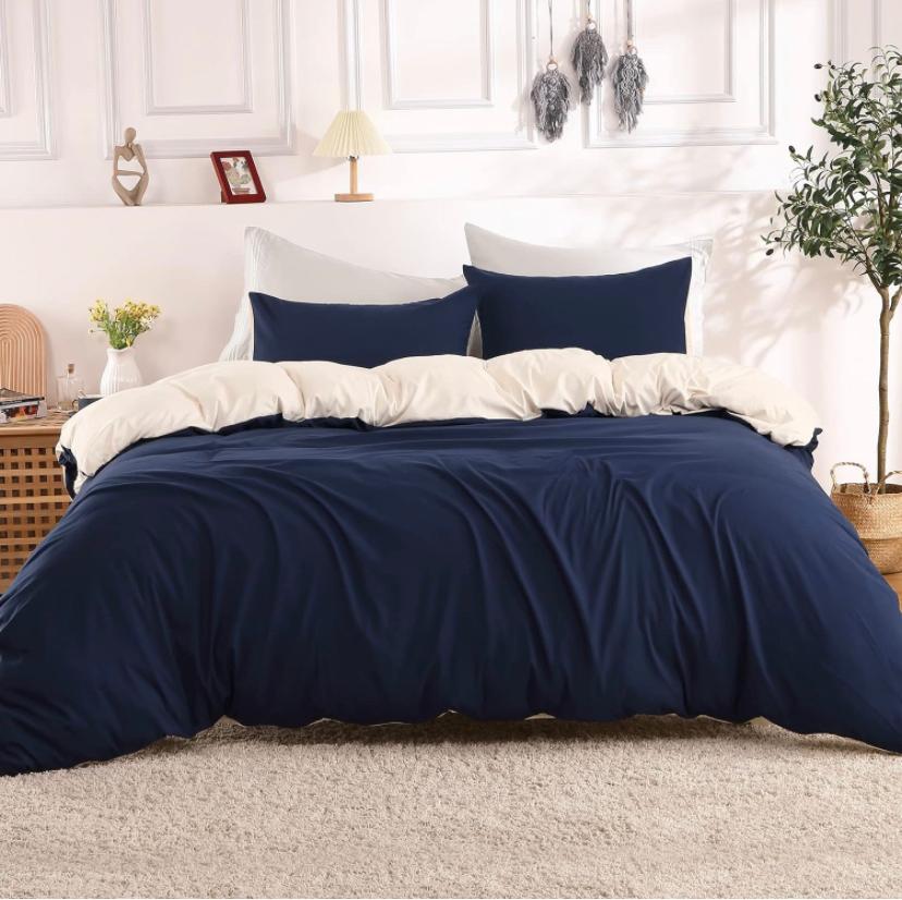 All Season Ultra Soft Reversible Duvet Set, Navy Blue/ Creme Quilted Duvet Set with Bedsheet and Pillowcases Set (4 by 6, 6 by 6, 6 by 7, 7 by 7)
