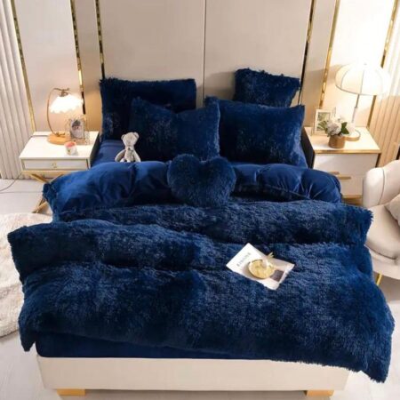 Complete Navy Blue Fur Duvet Set, Fluffy Soft and Very Lush Navy Fluffy Plush Bedding Set, Sizes 4 by 6, 6 by 6, 6 by 7, 7 by 7