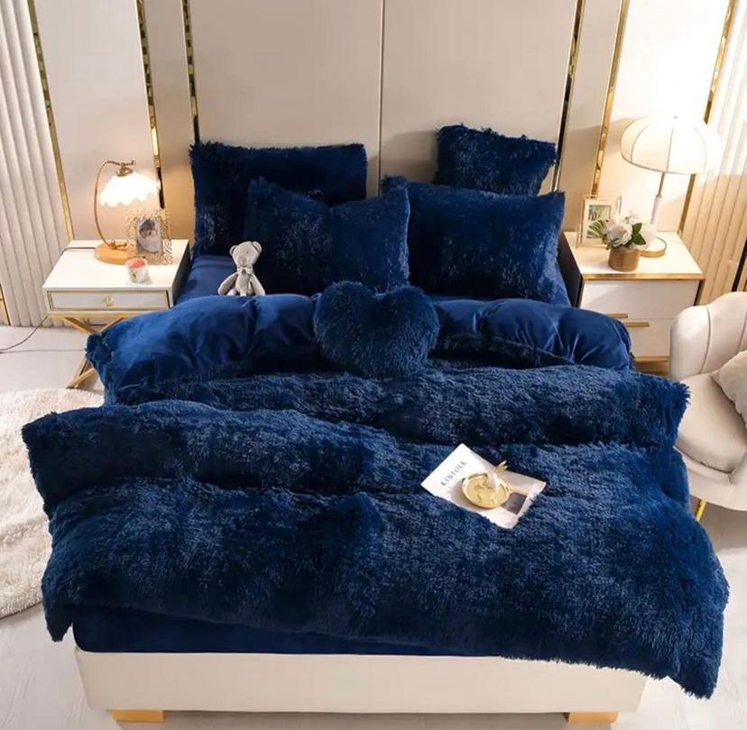 Complete Navy Blue Fur Duvet Set, Fluffy Soft and Very Lush Navy Fluffy Plush Bedding Set, Sizes 4 by 6, 6 by 6, 6 by 7, 7 by 7