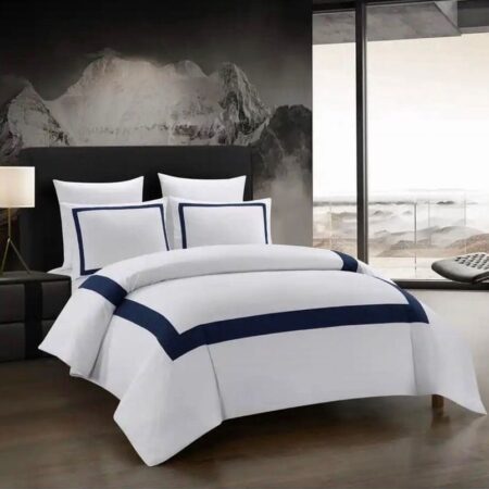 White Navy Blue Linen Pattern Executive Duvet Set - High Quality Polish Cotton, Breathable Thick Double Padded Duvet, Duvet Cover, Matching Pillowcases and Bedspread( Sizes: 4 by 6, 6 by 6, 6 by 7, 7 by 7)