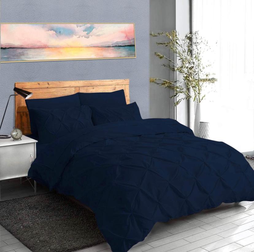 Soft Pinch Pleated Pintuck Duvet Set 4by6/ 6by6/ 6by7/ 7by7 Size, All Season Soft, High Quality Pintuck Duvet with 1 Bedspread and 2/4 Pillowcases Set (Navy Blue)