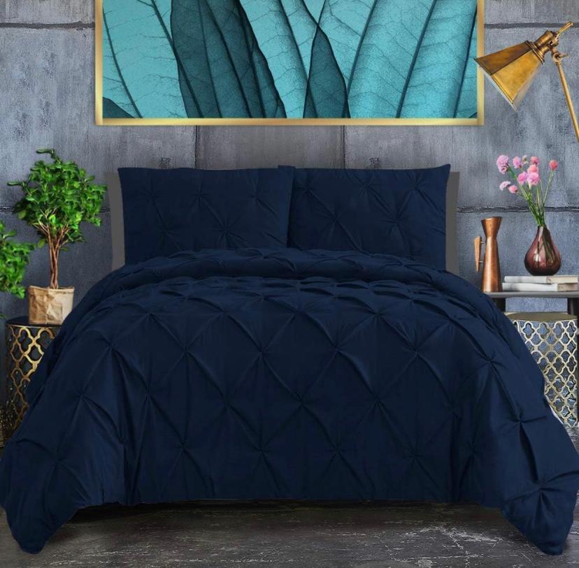 Soft Pinch Pleated Pintuck Duvet Set 4by6/ 6by6/ 6by7/ 7by7 Size, All Season Soft, High Quality Pintuck Duvet with 1 Bedspread and 2/4 Pillowcases Set (Navy Blue) - Image 3