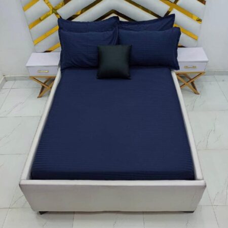 3Pieces Quality Navy Blue Stripe 7 By 7 Bedsheet Set, Soft and Durable Cotton Navy Bedsheet Set, Stripe Navy Blue Bedsheet with 2 Pillowcases Set