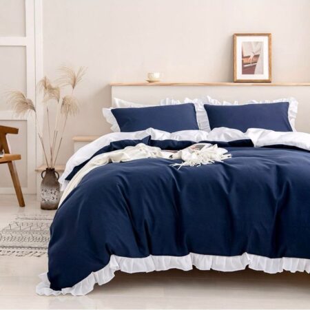 Navy Blue and White Ruffle Duvet Set  4by6/ 6by6/ 6by7/ 7by7 Size, Hotel Quality Super Soft and Durable Polish Cotton Ruffle Bedding Set ( 1 Duvet Cover, 1 Duvet, 1 Bedspread, 2/4 Pillowcases Set)