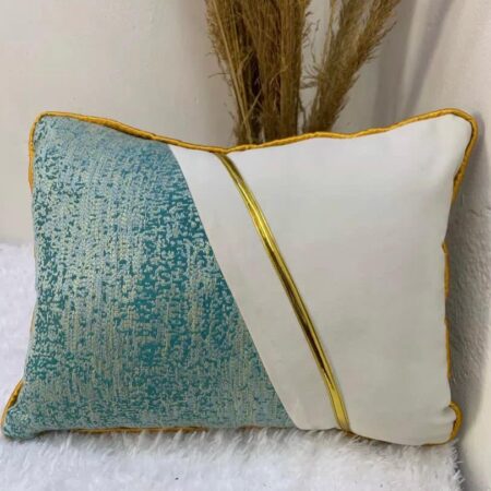 14 by 20 Inch Off White Lake Blue Gold Leather Patchwork Throw Pillow, Modern Throw Pillow Cover and Insert for Couch Bedroom Living Room