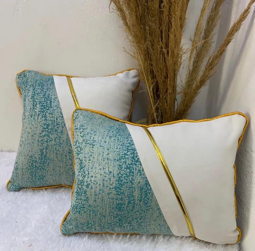 18 by 18 Inch Off White Lake Blue Gold Leather Patchwork Throw Pillow, Modern Throw Pillow Cover and Insert for Couch Bedroom Living Room - Image 3