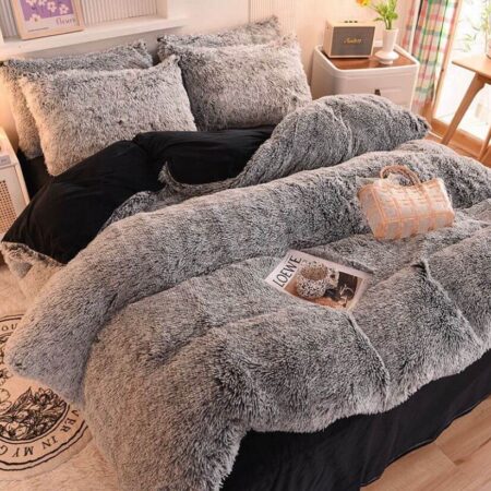 Black Ombre Faux Fur Duvet Set, Ultra Soft Plush and Fuzzy Duvet with Matching Pillowcases and Bedsheet Set, ( Sizes: 4 by 6, 6 by 6, 6 by 7, 7 by 7) Faux Fur Comforter Set