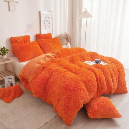 Orange Fur Duvet with Pillowcases and Bedsheet Set, 4/6, 6/6, 6/7, 7/7 Sizes
