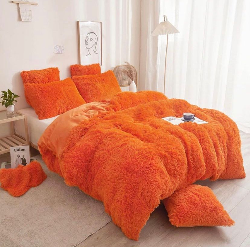 Orange Fur Duvet with Pillowcases and Bedsheet Set, 4/6, 6/6, 6/7, 7/7 Sizes