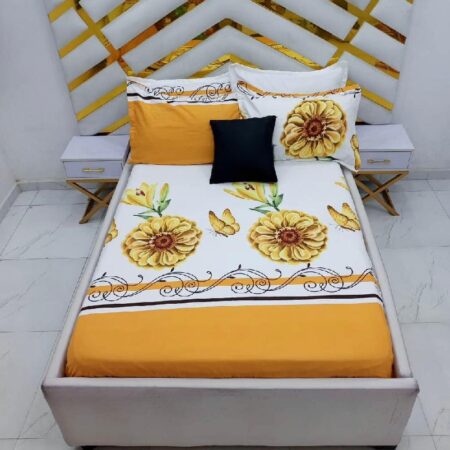 3Pieces Orange Flower Printed Cotton 4 by 6 Full Bedsheet Set, Soft and Skin Friendly Cotton Floral Bedsheet Set, Breathable Petal Flower Printed Patterned Bedsheet with 2 Pillowcases Set