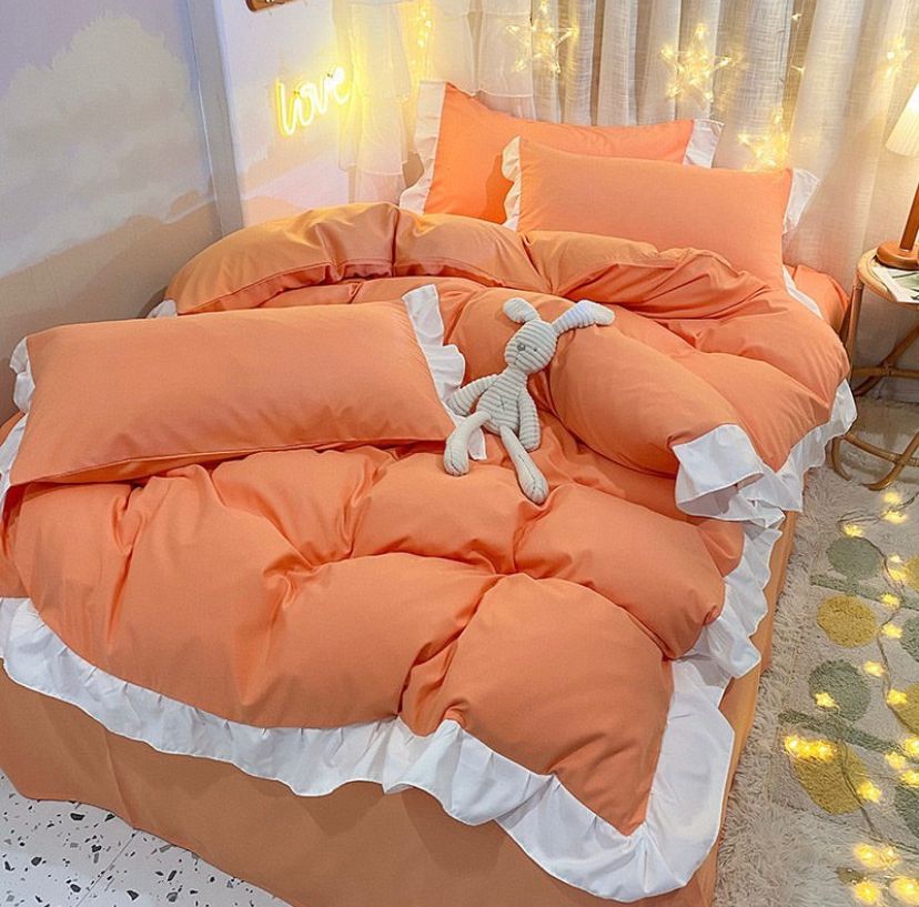 Orange Executive Ruffle Duvet Cover Set, Super Soft Breathable and Comfortable Ruffles Shirt 5/ 7 Piece Bedding Set, Including A Double Padded Thick Duvet, Duvet Cover and Bedspread and Matching Pillowcases Set (Size: 4 by 6, 6 by 6, 6 by 7, 7 by 7)