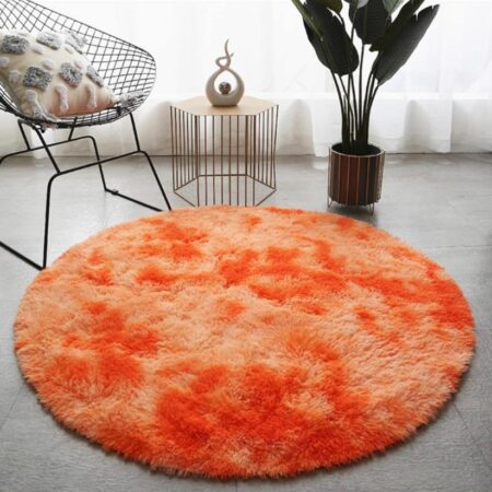 Orange Tie Dye Plush Shaggy Round Area Rug, Super Soft Circular Faux Fur Carpet for Bedroom, Living Room, Home Decor
