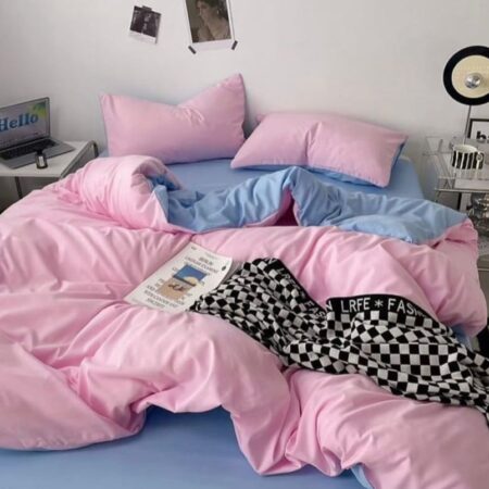 Pink and Sky Blue Duvet with Matching Pillowcases and Bedsheet Set Soft and Comfortable Reversible Bedding Set (Sizes: 4 by 6, 6 by 6, 6 by 7, 7 by 7)