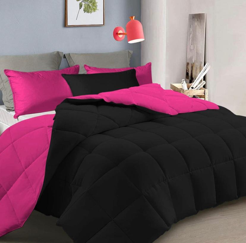 4/6 Pieces Pink and Black Reversible Duvet Set High Quality Duvet + 2/4 Matching Pillowcases and Bedsheet Set (4 by 6, 6 by 6, 6 by 7, 7 by 7 Sizes) - Image 2