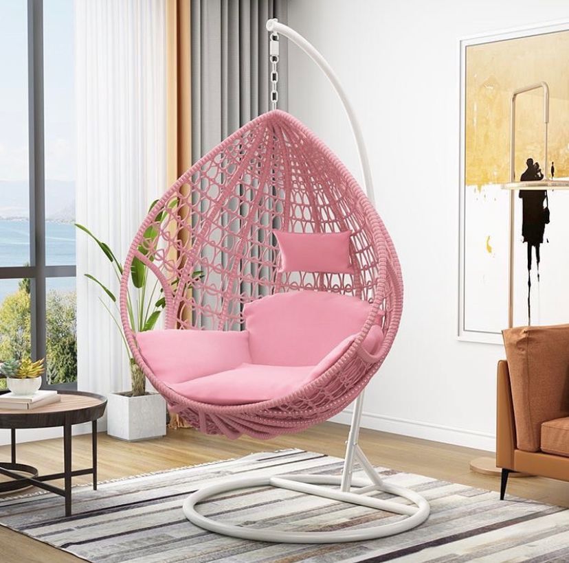 Pink Egg Hanging Swing Chair Breathable and Harmless Indoor and Outdoor use with Cushion and Stand Rattan Hammack Net Swing Chair for Reading, Relaxing Playing