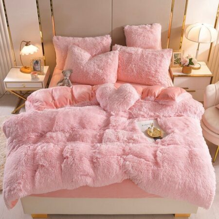 Fluffy Faux Fur Duvet Complete Set- Super Soft and Lush Very Plush Duvet +Bedspread and Matching Pillowcases Included (4 by 6, 6 by 6, 6 by 7, 7 by 7) Pink