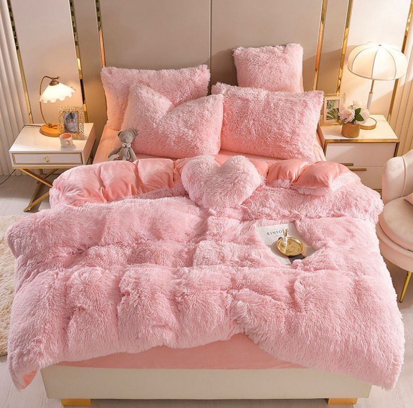 Fluffy Faux Fur Duvet Complete Set- Super Soft and Lush Very Plush Duvet +Bedspread and Matching Pillowcases Included (4 by 6, 6 by 6, 6 by 7, 7 by 7) Pink
