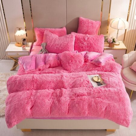 Fluffy Faux Fur Duvet Complete Set- Super Soft Lush and Very Plush Fur Duvet +Bedspread and Matching Pillowcases (4 by 6, 6 by 6, 6 by 7, 7 by 7) Pink Color