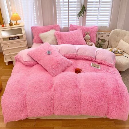 Pink Fur Duvet Set 4 by 6, 6 by 6, 6 by 7, 7 by 7 Sizes, Ultra Soft and Warm Fluffy Pink 1 Duvet +1 Bedsheet and 2/4 Matching Pillowcases Set