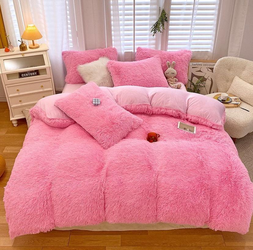 Pink Fur Duvet Set 4 by 6, 6 by 6, 6 by 7, 7 by 7 Sizes, Ultra Soft and Warm Fluffy Pink 1 Duvet +1 Bedsheet and 2/4 Matching Pillowcases Set