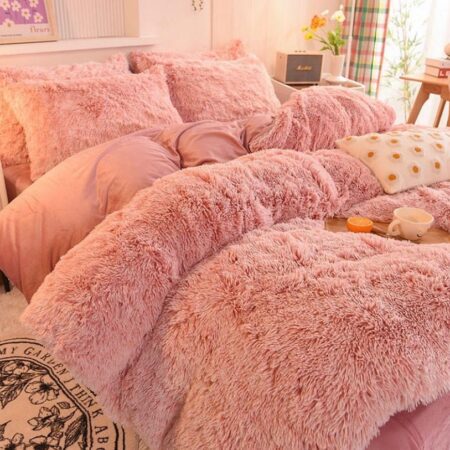 Pink Faux Fur Duvet With Pillowcases Bedspread Set, Super Lush Fluffy and Soft Pink Fur Bedding Set 4 by 6, 6 by 6, 6 by 7, 7 by 7 Sizes