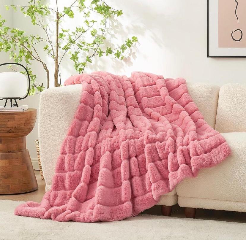 Pink Striped Faux Fur Throw Blanket - Super Lush, Body Friendly, Cozy Warm Plush Comfortable Blanket for Bed, Couch, Sofa Bedroom Living Room,
