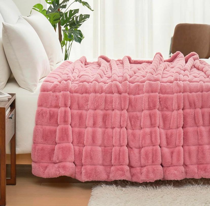 Pink Striped Faux Fur Throw Blanket - Super Lush, Body Friendly, Cozy Warm Plush Comfortable Blanket for Bed, Couch, Sofa Bedroom Living Room, - Image 3