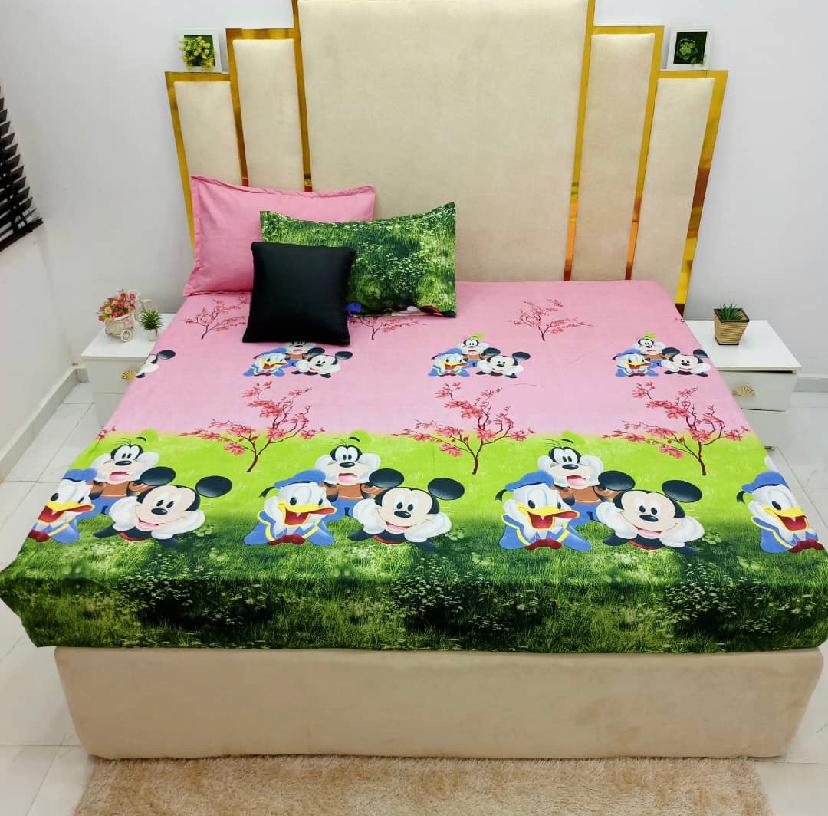 Pink Mickey Printed Cotton Bedsheet Set, 4 by 6 Durable and Comfortable Bedsheet Set with Pillowcases Set 4 by 6 Full Size